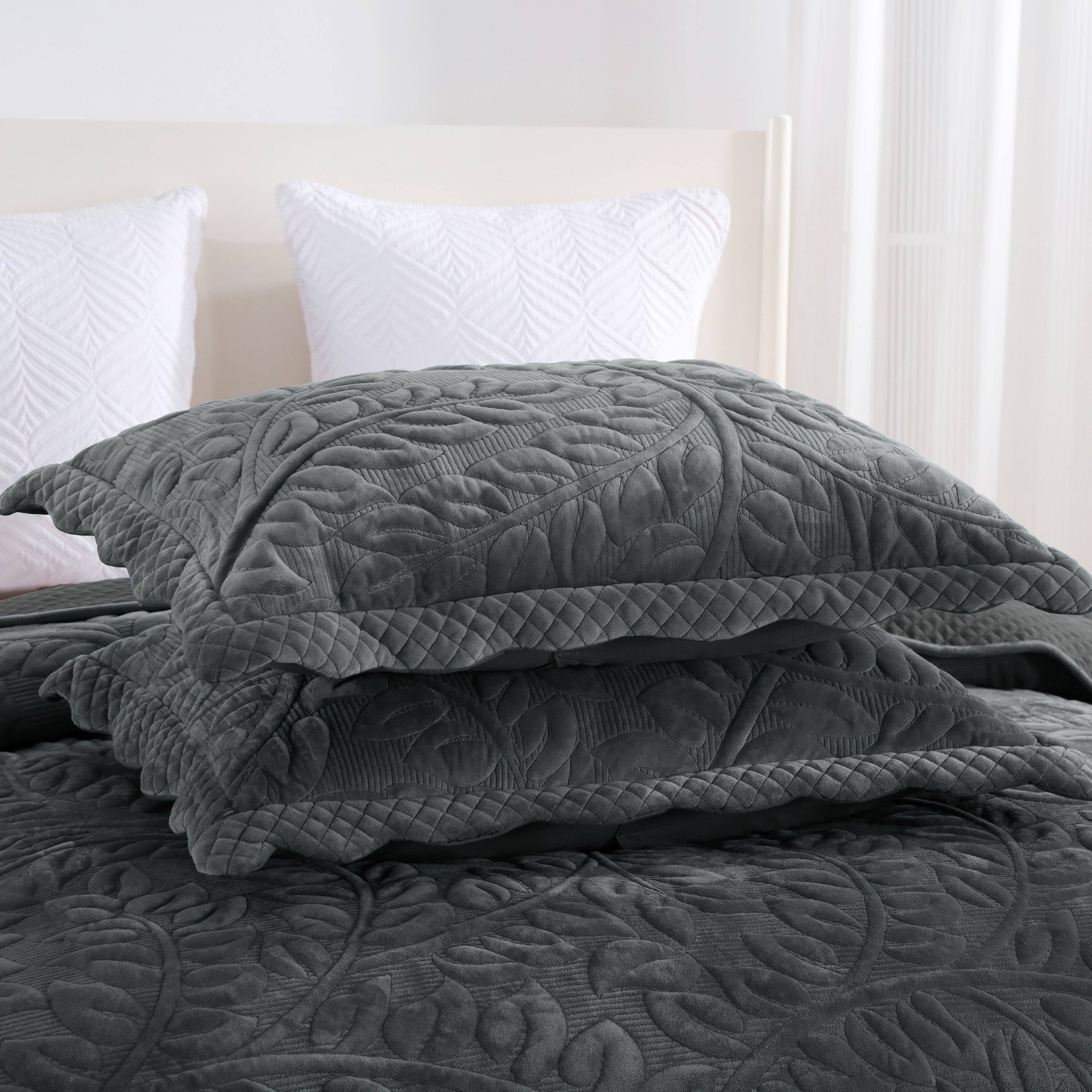 Alt View 1. MarCielo - Marcielo 3Pc Luxury Velvet Oversized Embroidery Soft and Plush Quilt Set - Dark Grey.