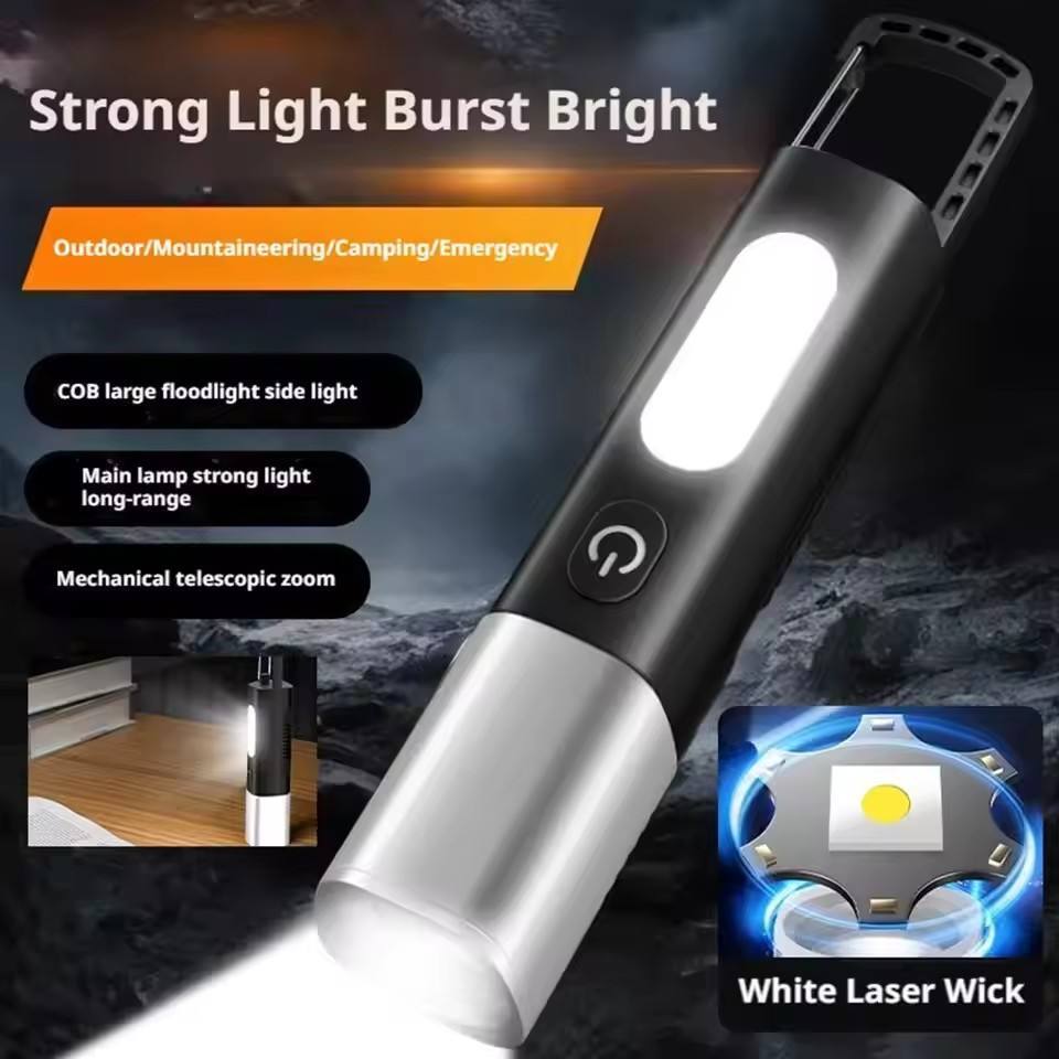 Strong Light Burst Bright

Outdoor/Mountaineering/Camping/Emergency

- COB large floodlight side light
- Main lamp strong light long-range
- Mechanical telescopic zoom
- White Laser Wick