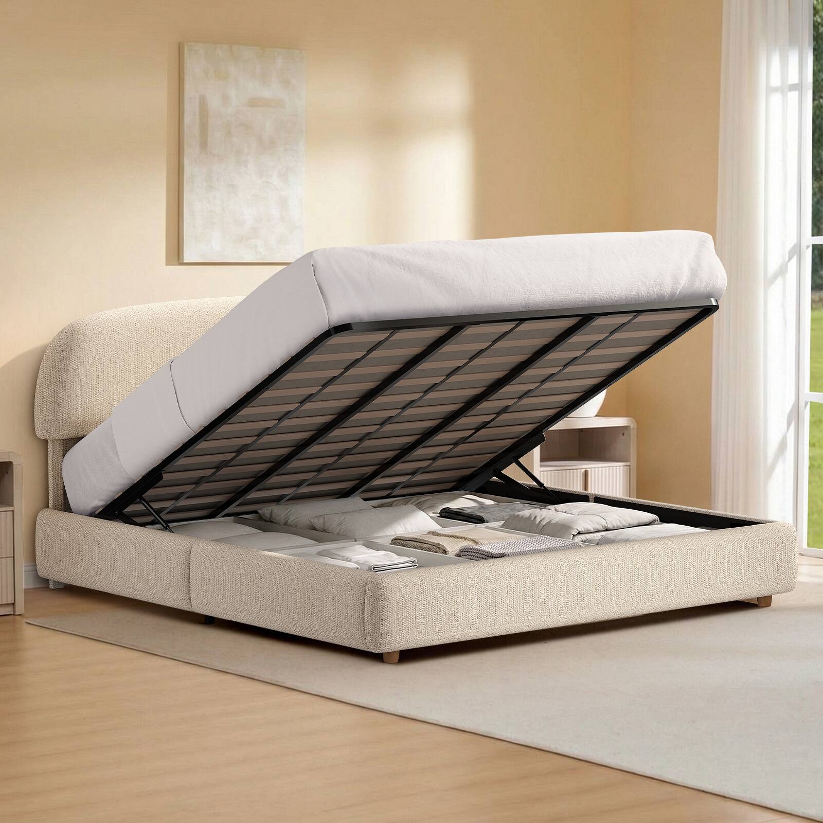 Left. ModernMate - Upholstered Platform Bed with Adjustable Headboard, Hydraulic Lift Storage Bed - Begie.