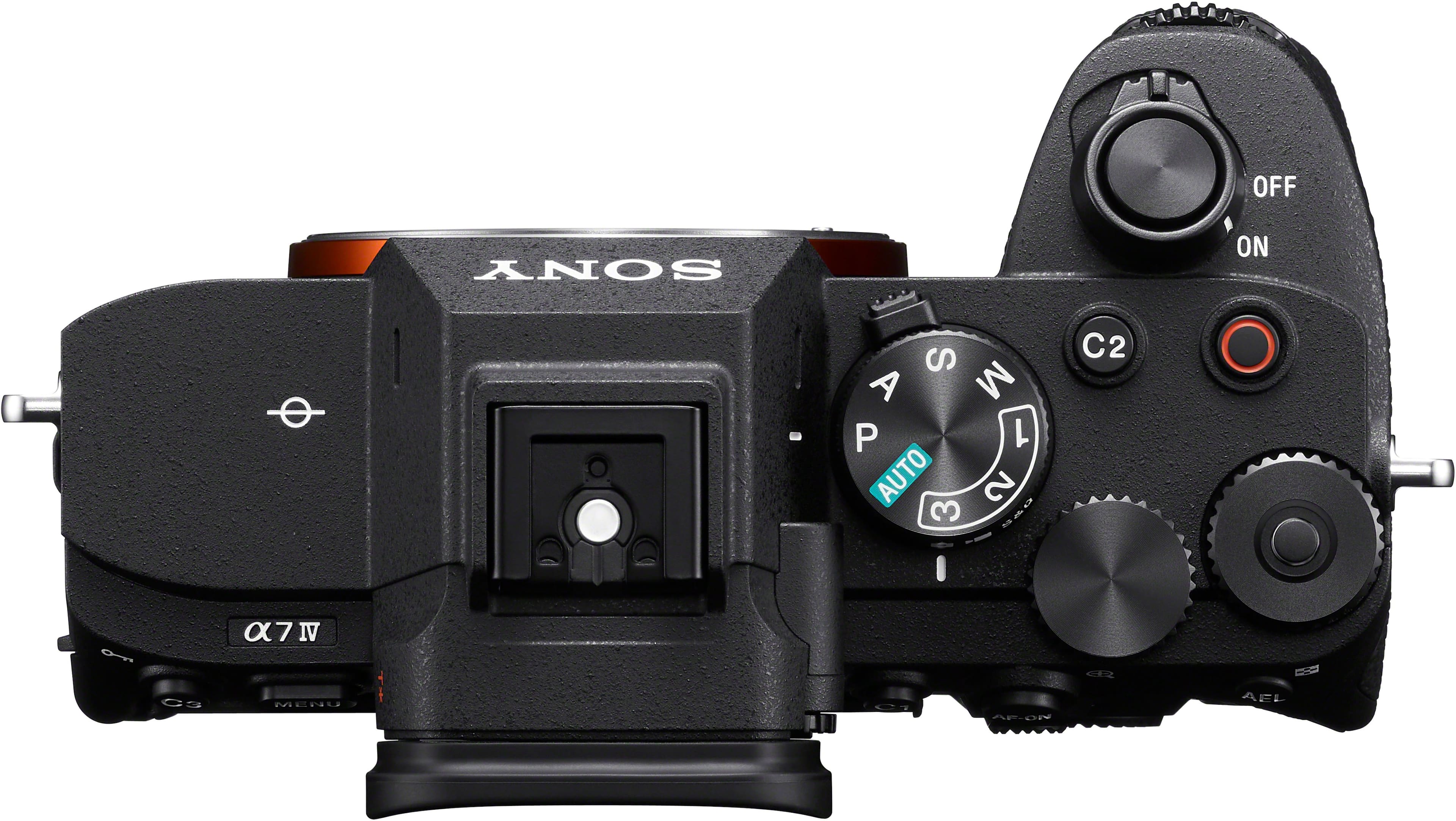 Top. Sony - Alpha 7 IV Full-frame Mirrorless Interchangeable Lens Camera - (Body Only) - Black.
