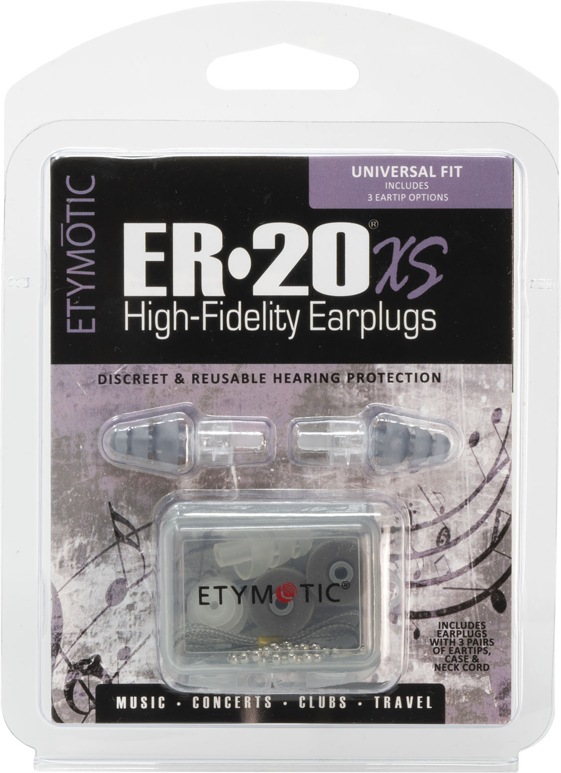 Lucid Hearing - Hearing Protection ER•20®XS Universal Fit Clear Stem Earplugs with 3 Eartip Sets in Clamshell Pack - GRAY