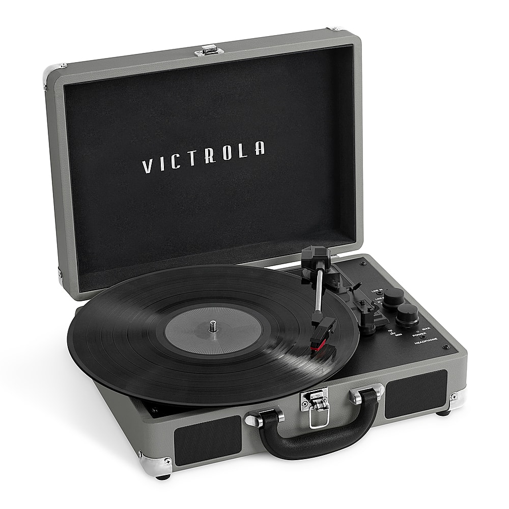 Angle. Victrola - Journey Bluetooth Suitcase Record Player with 3-speed Turntable - New Grey.