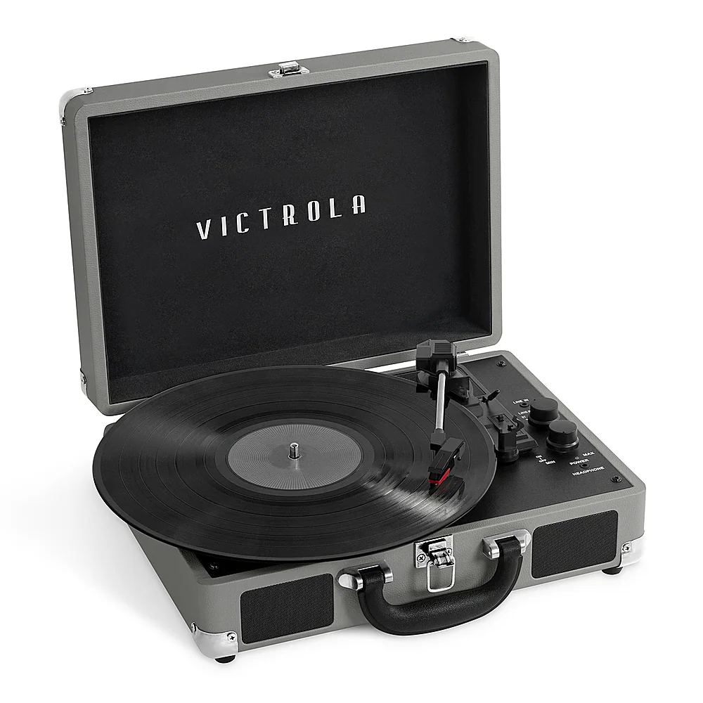 Angle. Victrola - Journey Bluetooth Suitcase Record Player with 3-speed Turntable - New Grey.