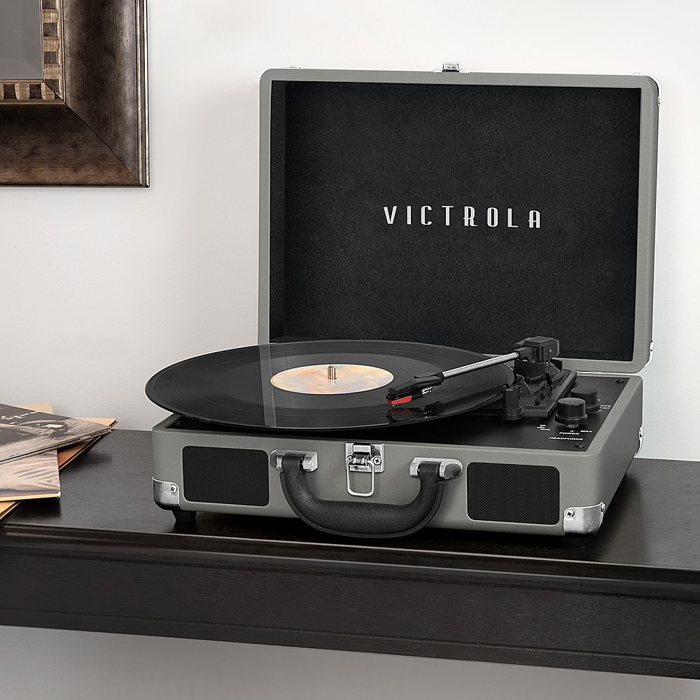 Alt View 11. Victrola - Journey Bluetooth Suitcase Record Player with 3-speed Turntable - New Grey.
