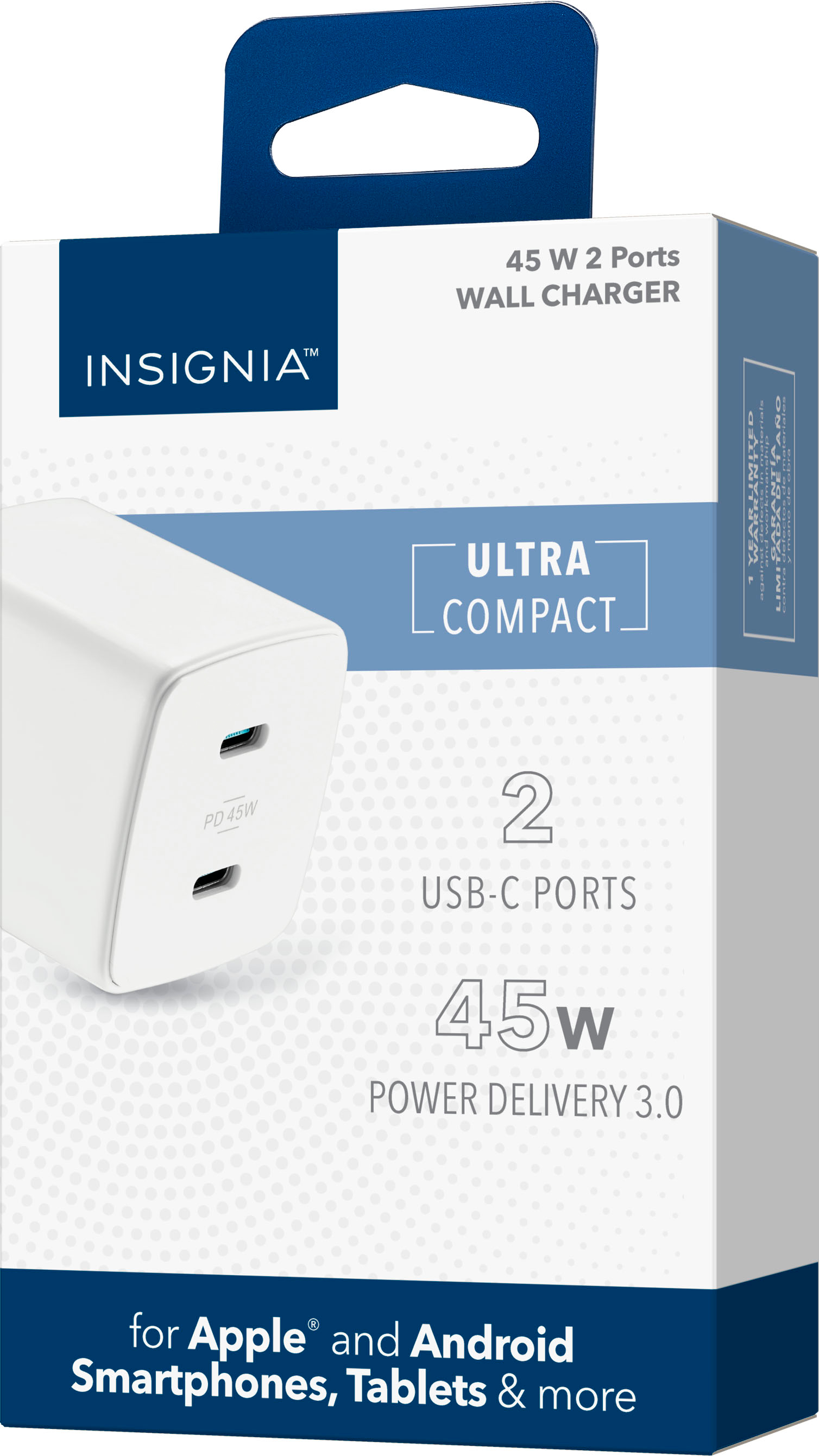 Insignia™ 45W Dual USB-C Port Wall Charger for Samsung Smartphones, iPhone,  Tablets, Chromebook and More White NS-MWC45W2W - Best Buy