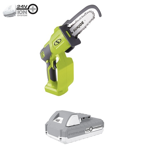 Sun Joe 24V-HCS-LTE 24-Volt iON+ Cordless Mini Chainsaw, Handled Pruning Saw Kit - Green