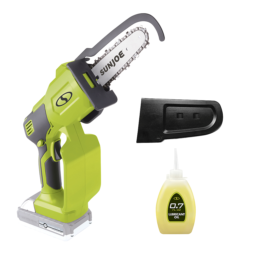 Left View: Sun Joe 24V-HCS-LTE 24-Volt iON+ Cordless Mini Chainsaw, Handled Pruning Saw Kit - Green