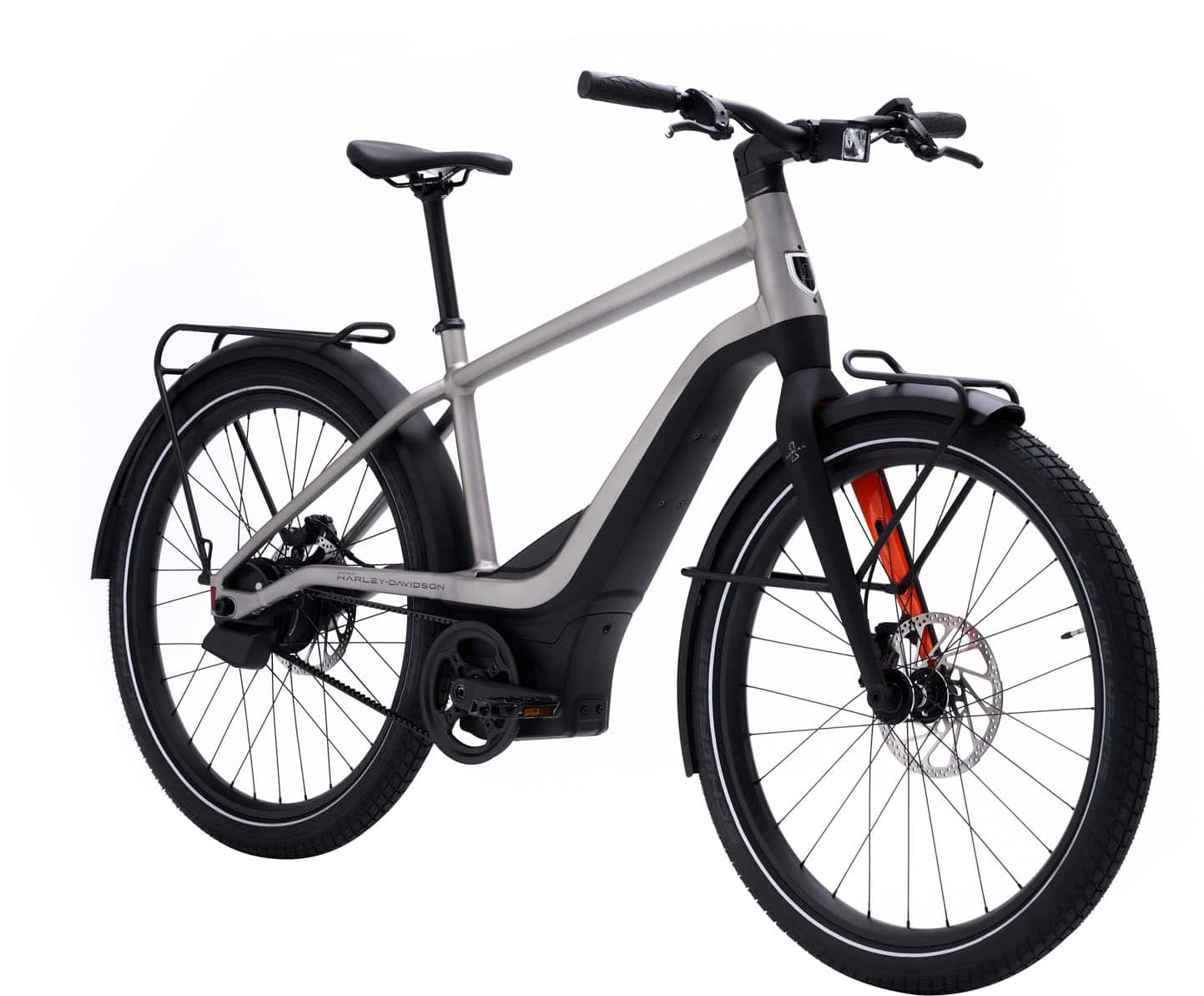 Left View: Serial 1 - RUSH/CTY eBike,Medium, Black &Orange w/ up to 115mi Max Operating Range & 20mph Max Speed - Silver