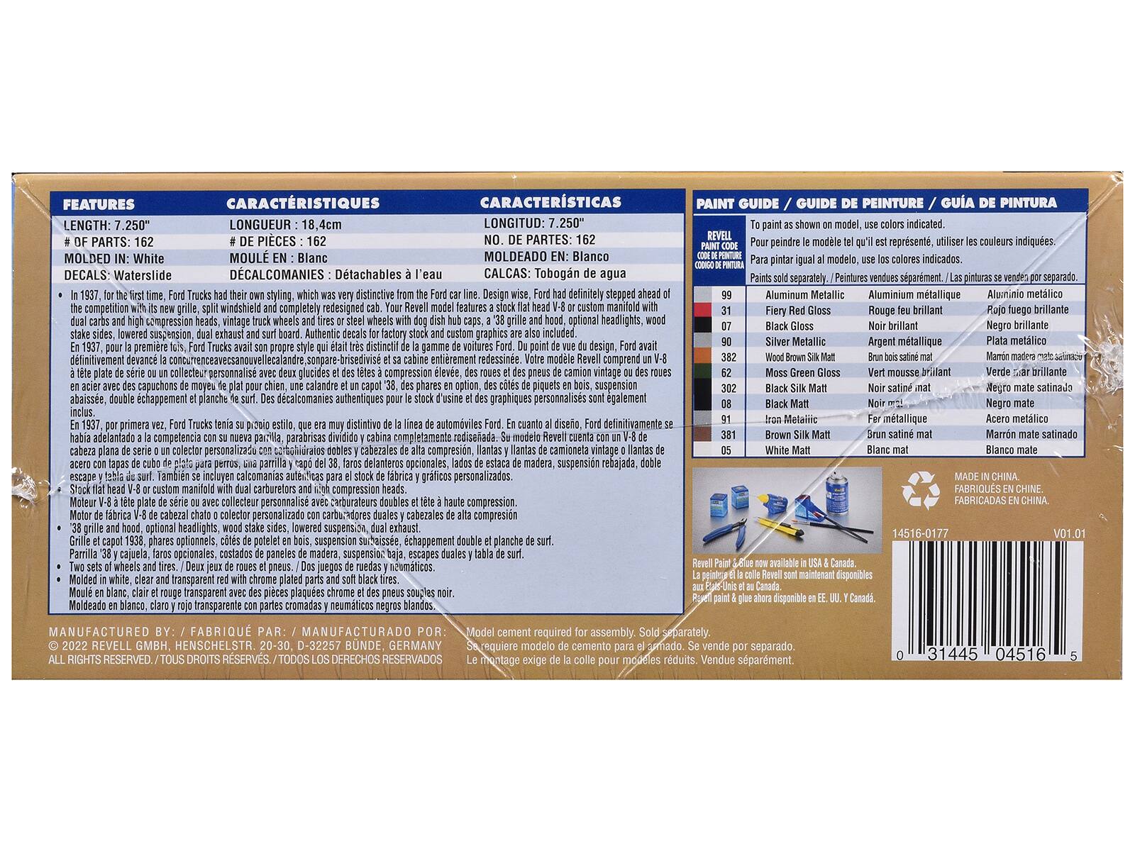 **FEATURES / CARACTERÍSTICAS / CARACTERÍSTICAS**

- **LENGTH:** 7.250" / **LONGUEUR:** 18.4cm / **LONGITUD:** 7.250"
- **# OF PARTS:** 162 / **# DE PIECES:** 162 / **NO. DE PARTES:** 162
- **MOLDED IN:** White / **MOULÉ EN:** Blanco / **MOLDEADO EN:** Blanco
- **DECALS:** Waterslide / **DÉCALCOMANIES:** Détachables / **CALCAS:** Tobogán de agua

**In 1937, for the first time, Ford Trucks had their own styling, completely redesigned from the competition with its new grille, split windshield and complete with dual exhausts and surf board. Authentic decals for the stock and custom models are included.**  
**En 1937, pour la première fois, Ford Trucks avaient leur propre style qui leur était réservé, complètement redessiné par rapport à la concurrence avec sa nouvelle grille, pare-brise divisé et son planche de