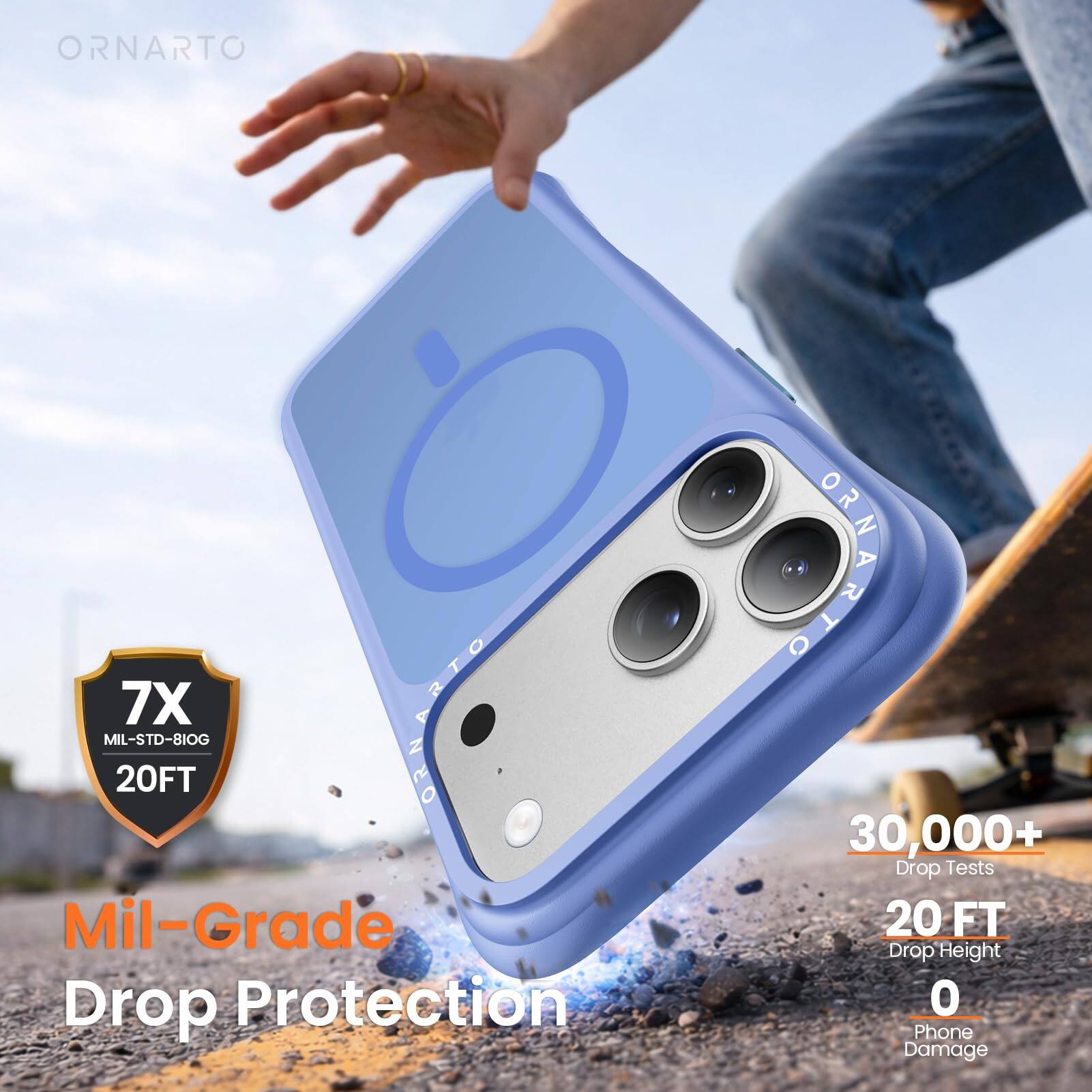 ORNARTO  
7X MIL-STD-810G 20FT  
Mil-Grade Drop Protection  
GENARTO  
30,000+ Drop Tests  
20 FT Drop Height  
0 Phone Damage