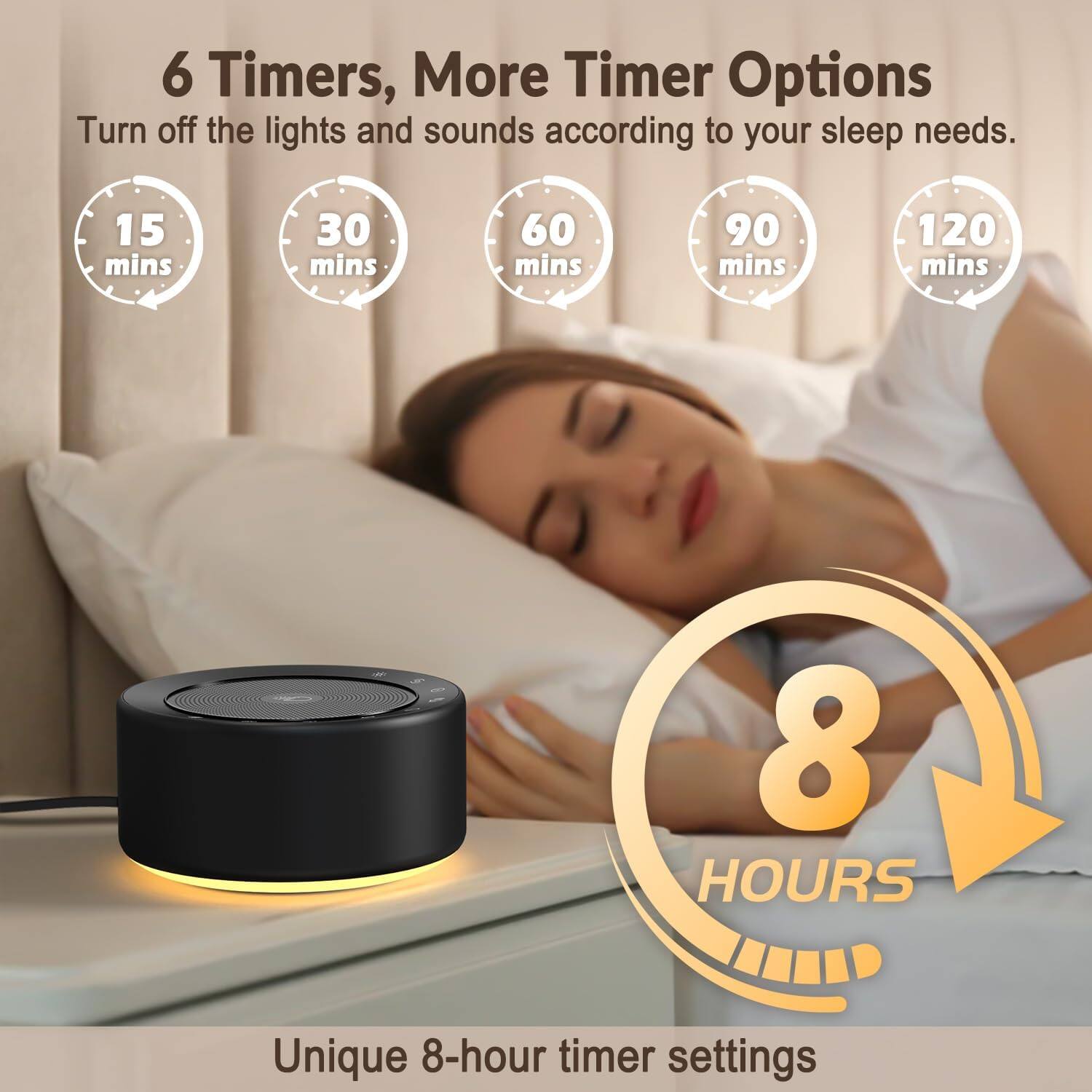 6 Timers, More Timer Options  
Turn off the lights and sounds according to your sleep needs.  
15 mins  
30 mins  
60 mins  
90 mins  
120 mins  

Unique 8-hour timer settings