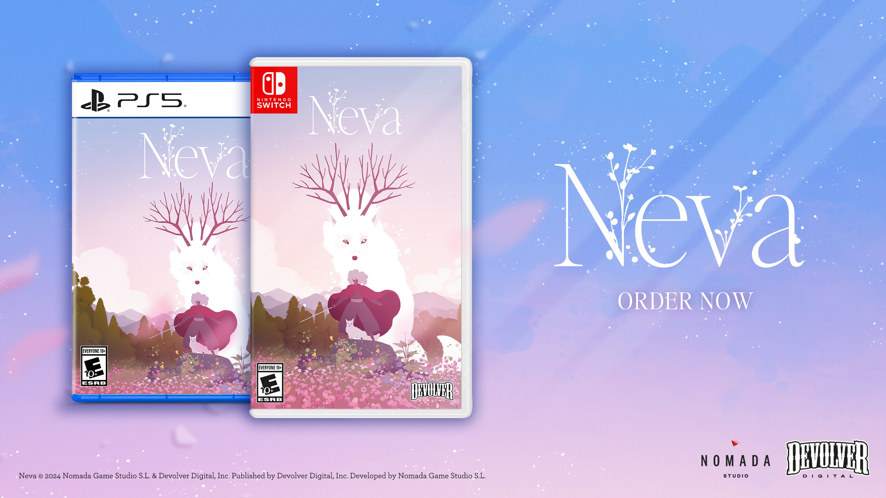 PSS NINTENDO SWITCH Neva Neva Neva ev ORDER NOW VERTONE + ESRB VERTON E 6ha - DEVULVER Neva 2024 Nomada Game Studio S.L. & Devolver Digital, Inc. Published by Devolver Digital, Inc. Developed by Nomada Game Studio S.L. NOMADA BEVOIER STUDIO DIGITAL