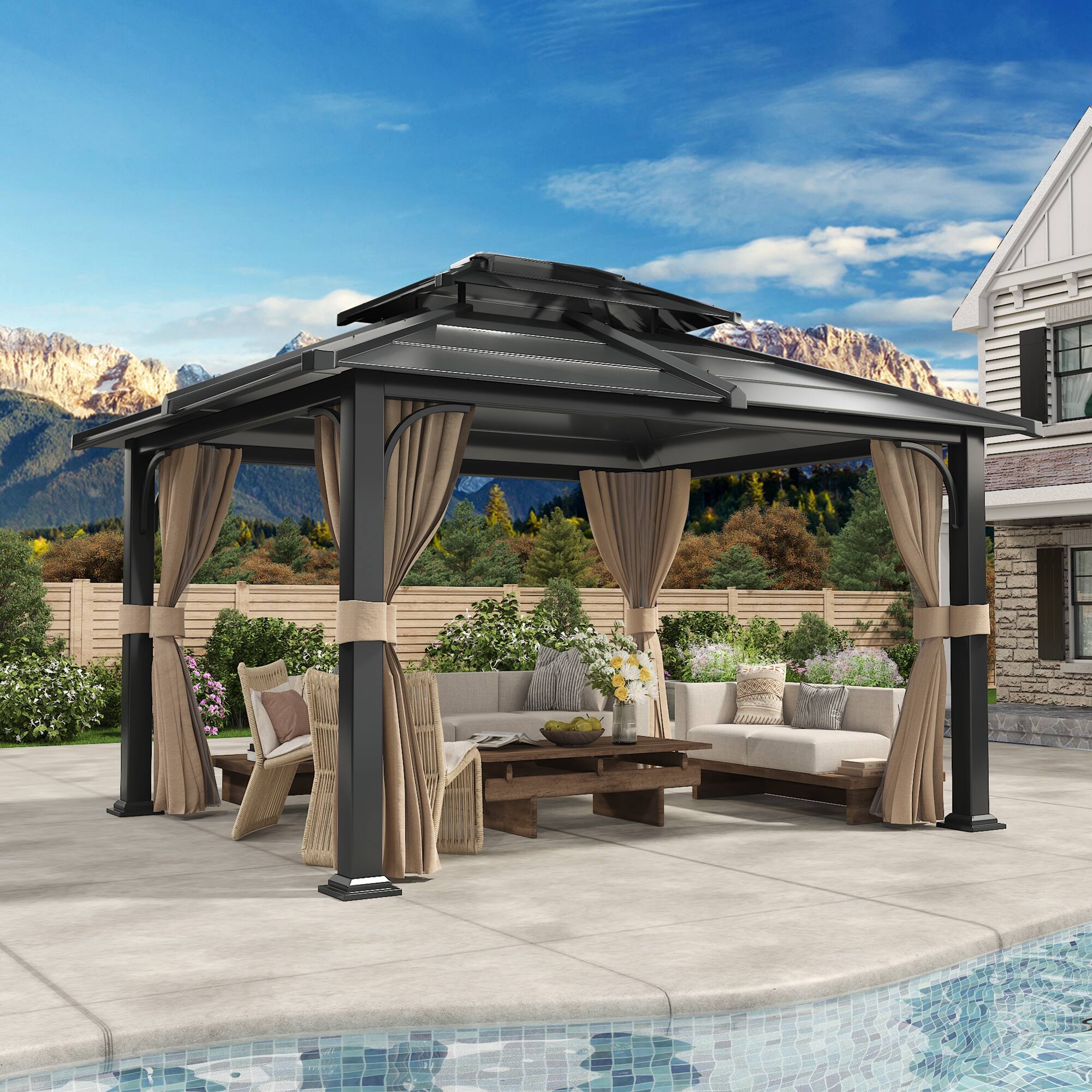 Angle. U-HOMY - Anti-Rust Iron Hardtop Gazebo | All-Weather Enclosed Sun Shelter - 10' x 12'.