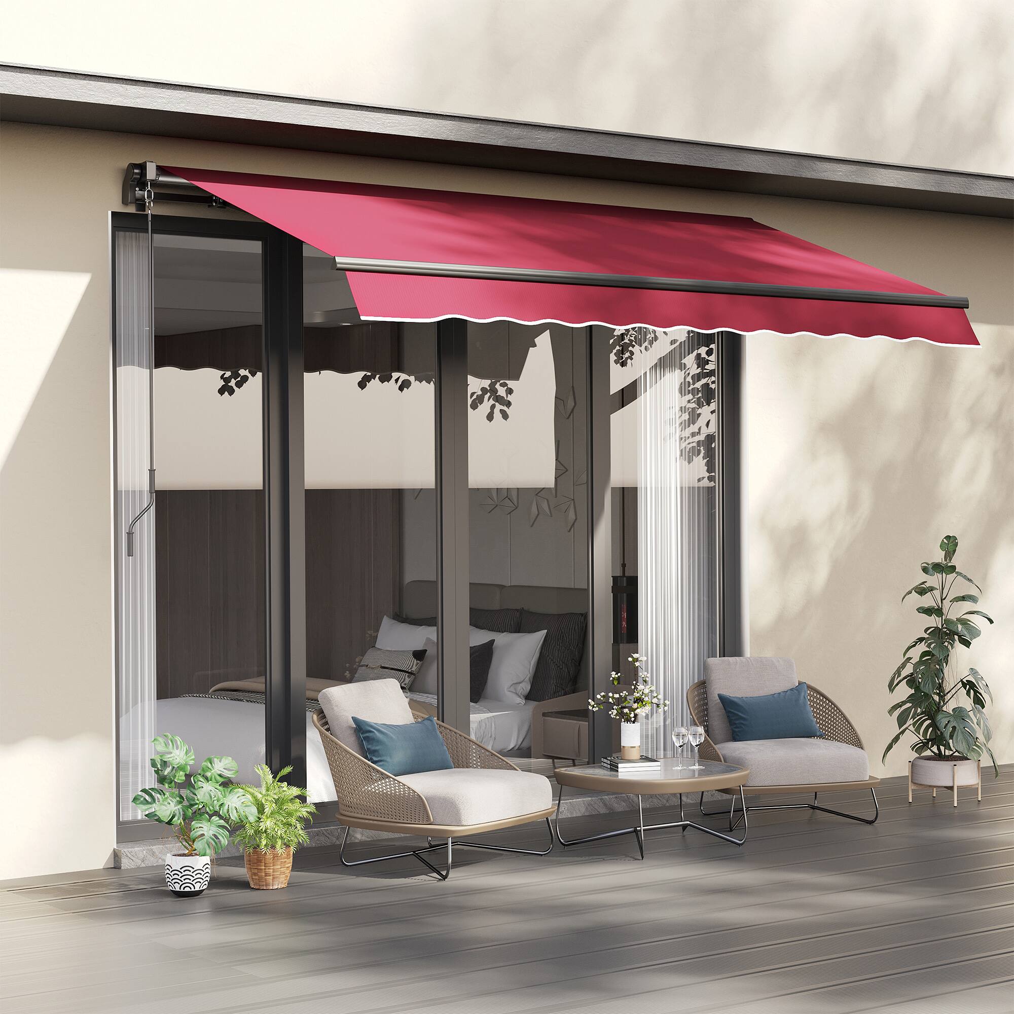 Alt View 1. Outsunny - 10' x 8' Retractable Awning, Patio Awnings, Sunshade Shelter w/ Manual Crank Handle, UV & Water-Resistant Fabric - Wine Red.