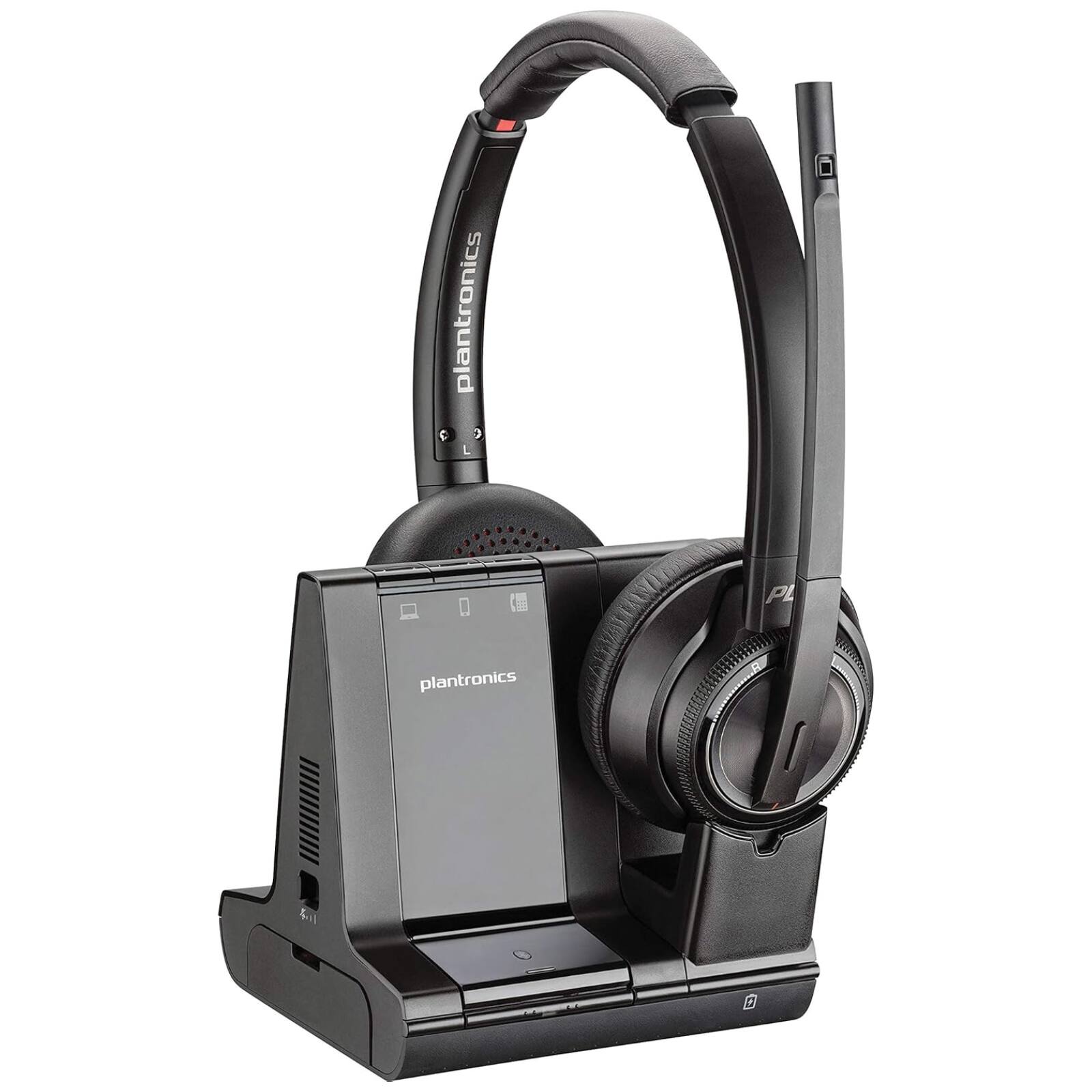 Plantronics - Savi 8220M DECT 6.0 Wireless Stereo Headset – 3-Way PC/Desk Phone/Mobile – Noise Canceling ANC – Up to 590ft Range - Black