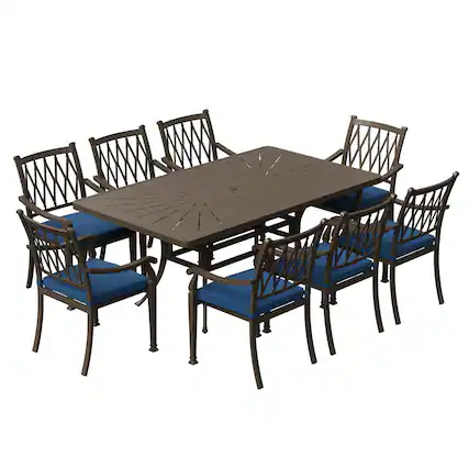 Front. Mondawe - 8 - Person Rectangular Outdoor Dining Set with Cushions - Black+Blue.