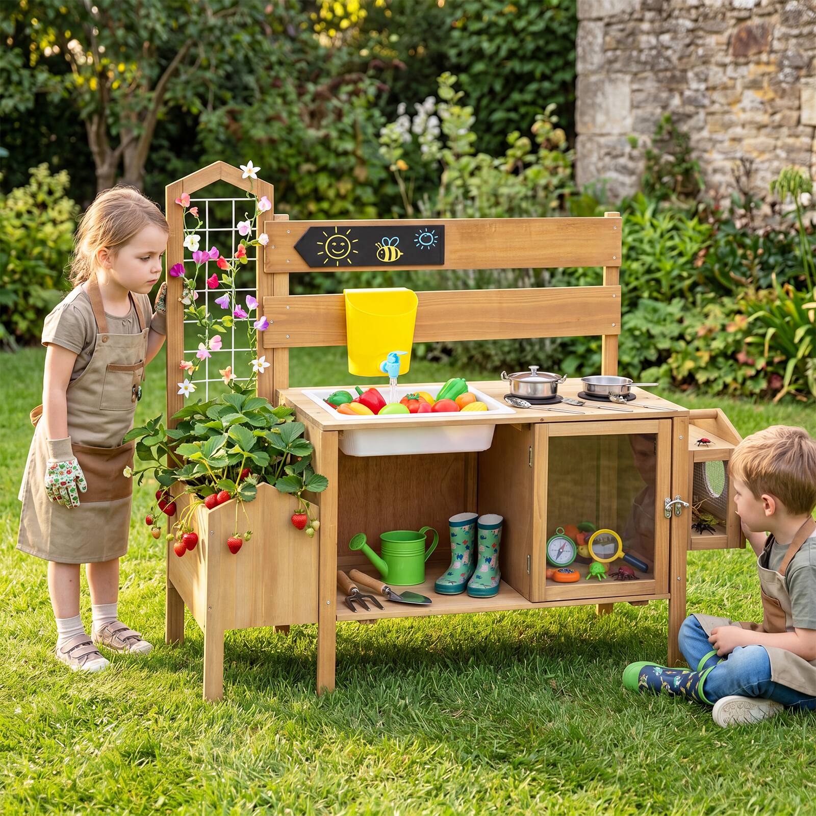 Alt View 1. Costway - Costway Mud Kitchen for Kids, Pretend Play Kitchen with Detachable Bird Cage,Trellis - Natural.