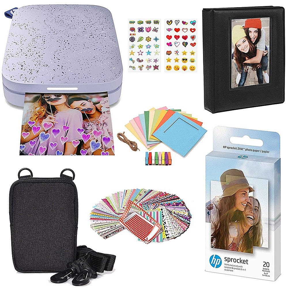 HP - Sprocket Portable Photo Printer Gift Bundle with 2"x3" Zink Photo Paper, Deluxe Case, Album & More - Purple - Front_Zoom