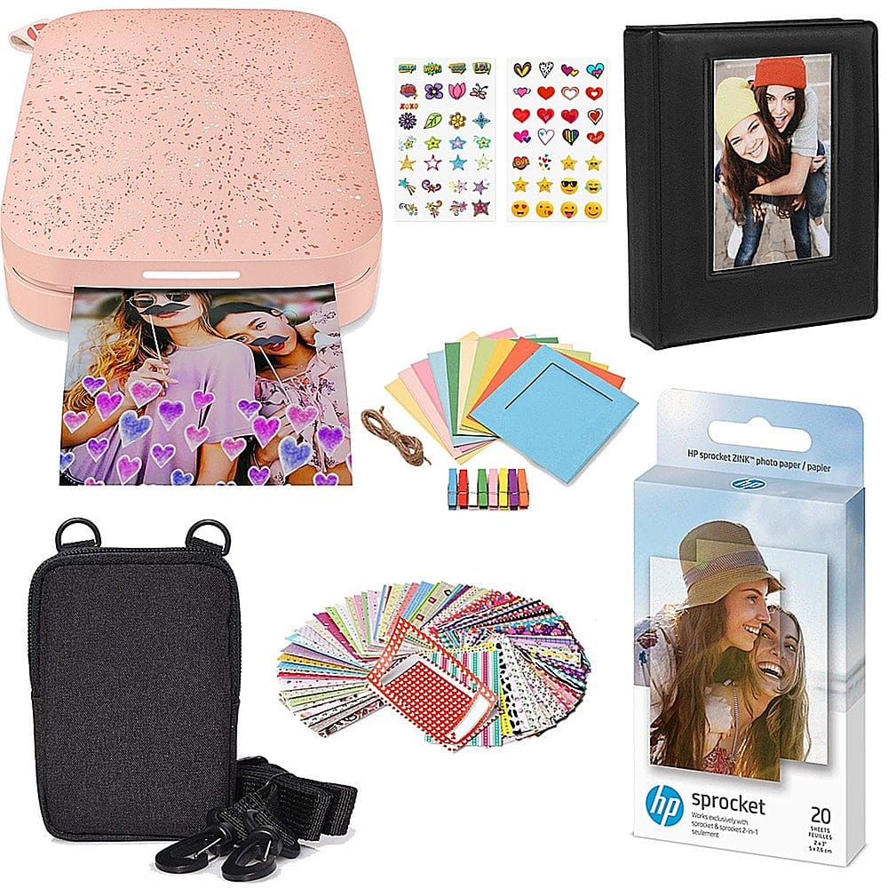 Front. HP - Sprocket Portable Photo Printer Gift Bundle with 2"x3" Zink Photo Paper, Deluxe Case, Album & More! - Pink.