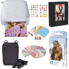 Front. HP - Sprocket Portable Photo Printer Gift Bundle with 2"x3" Zink Photo Paper, Deluxe Case, Album & More! - White.