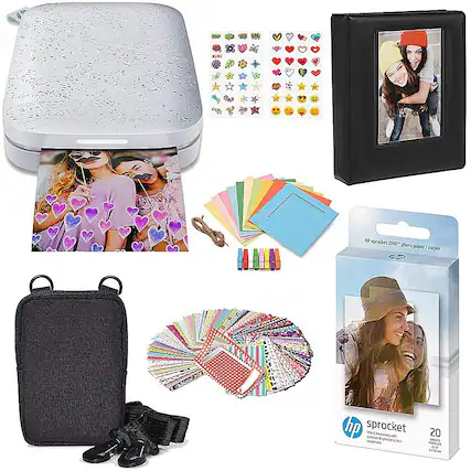 Front. HP - Sprocket Portable Photo Printer Gift Bundle with 2"x3" Zink Photo Paper, Deluxe Case, Album & More! - White.