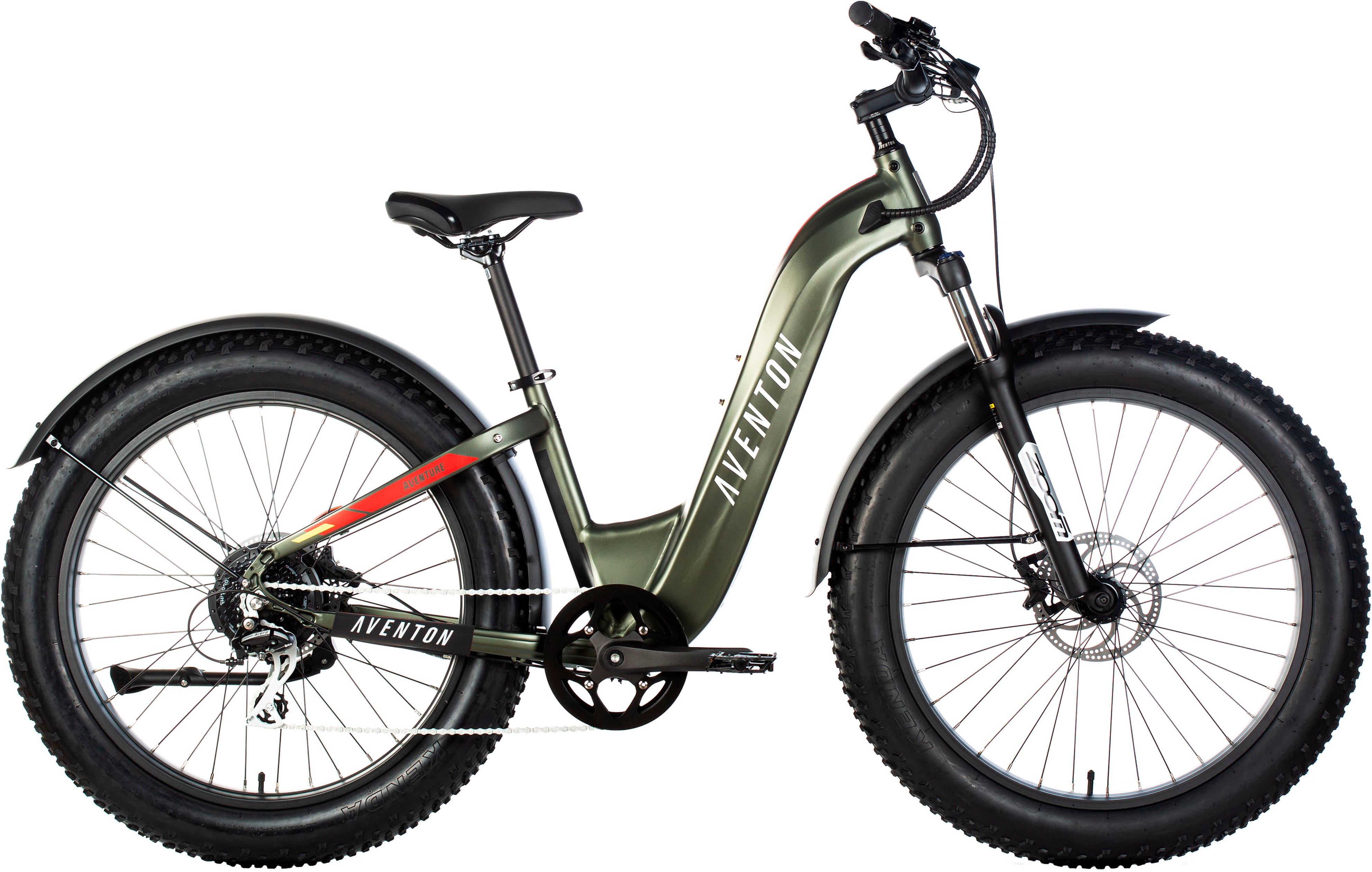 Left View: Aventon - Aventure Step-Through Ebike w/ 45 mile Max Operating Range and 28 MPH Max Speed - Camouflage Green