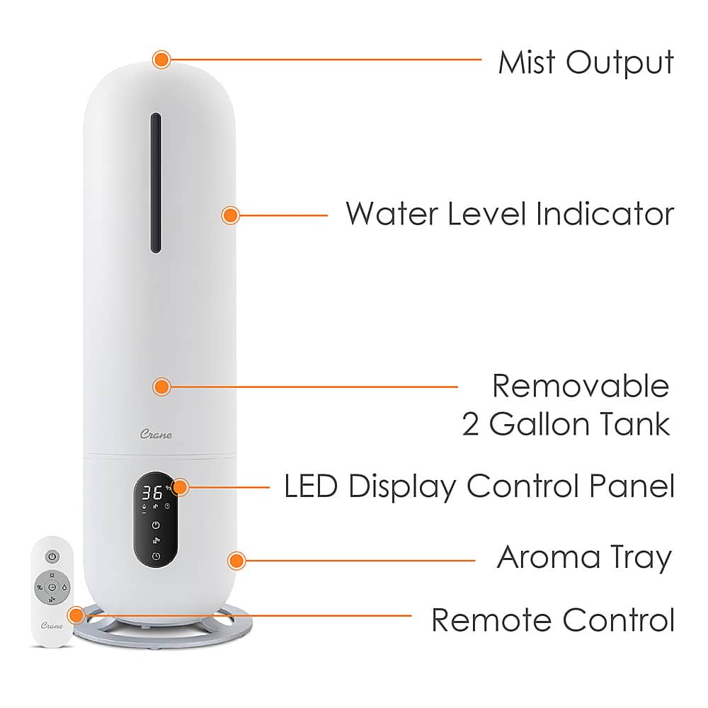 Back. CRANE - 2 Gal. Tower Ultrasonic Cool Mist Humidifier with Remote - White.