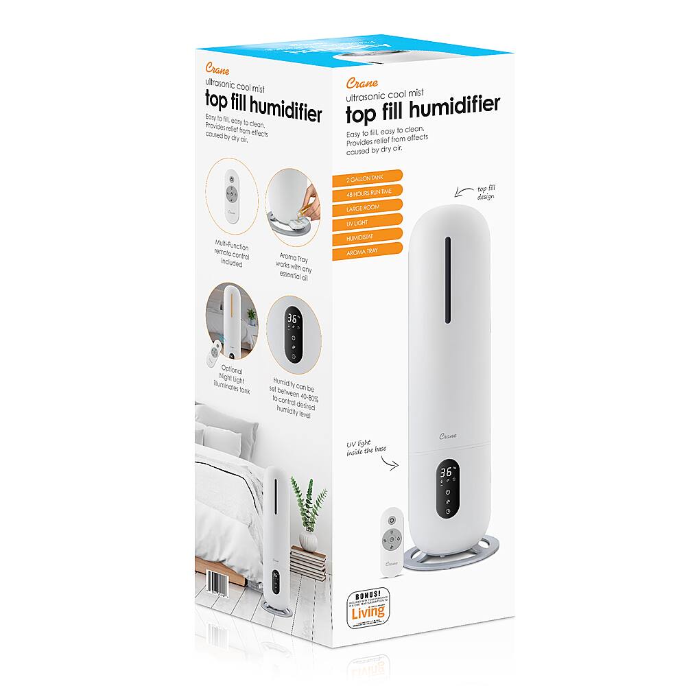 Alt View 12. CRANE - 2 Gal. Tower Ultrasonic Cool Mist Humidifier with Remote - White.