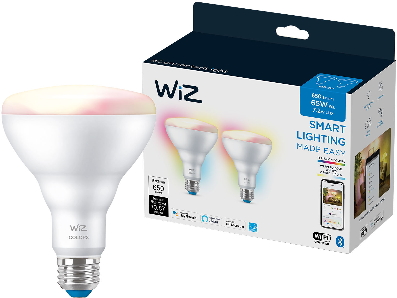 Angle View: WiZ - BR30 Bulb (2-Pack) - Color and Tunable White