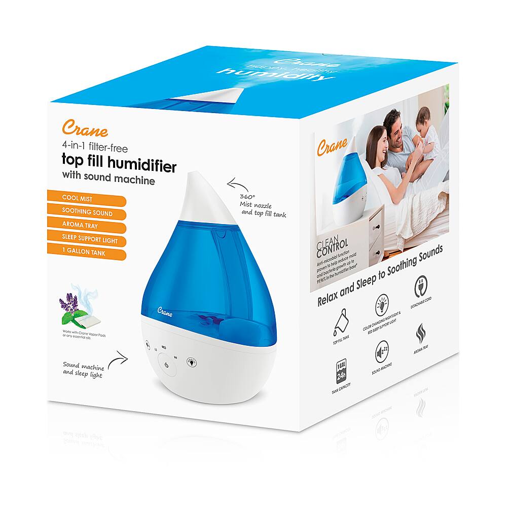 Alt View 13. CRANE - 1 Gal. Drop Cool Mist Humidifier with Sound Machine - Blue/White.