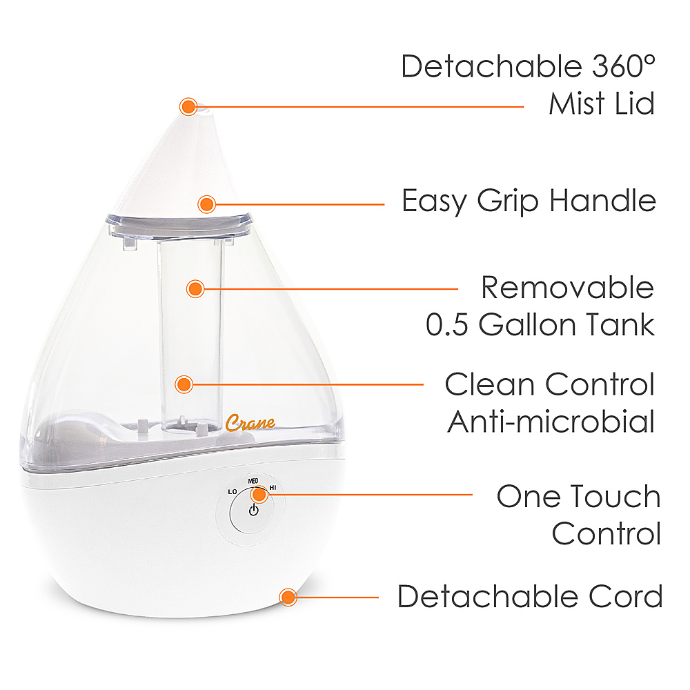 Back View: CRANE - 0.5 Gal. Droplet Ultrasonic Cool Mist Humidifier - Clear/White