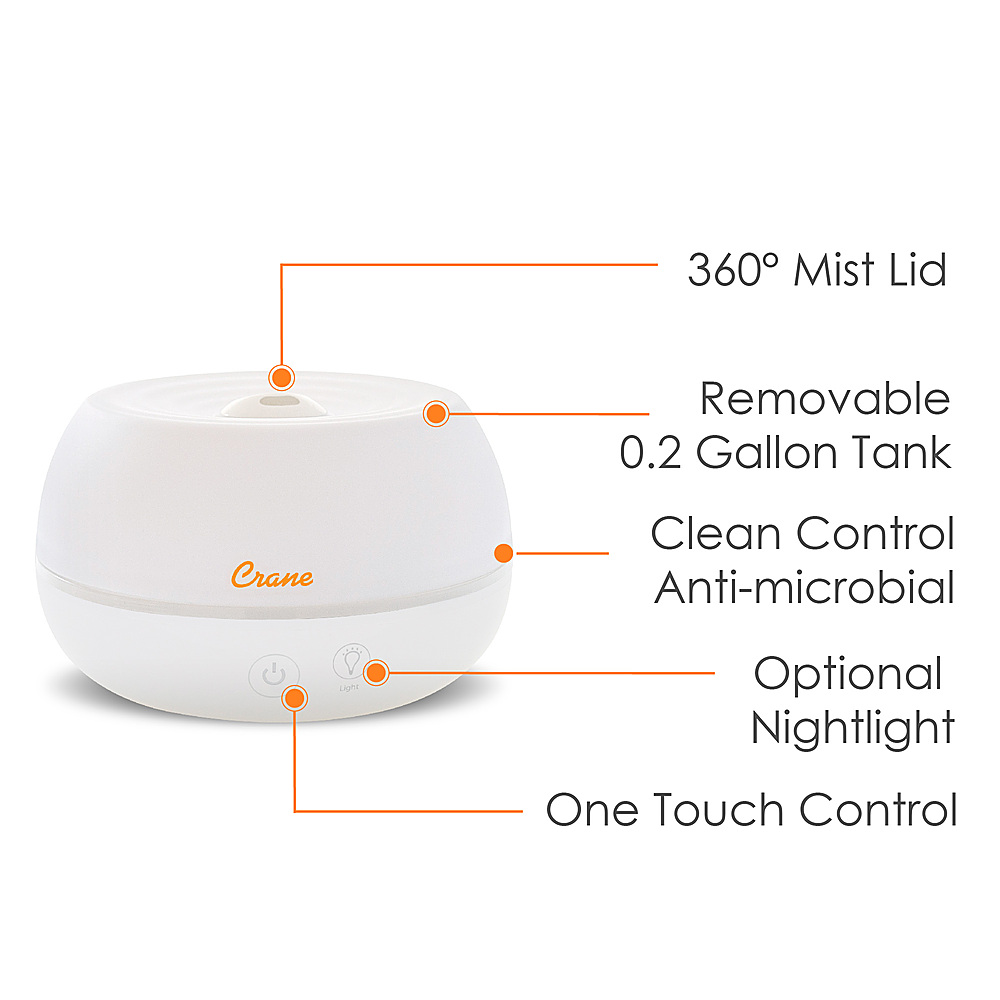 Back View: CRANE - 0.2 Gal. 2-in-1 Ultrasonic Cool Mist Humidifer & Aroma Diffuser - White