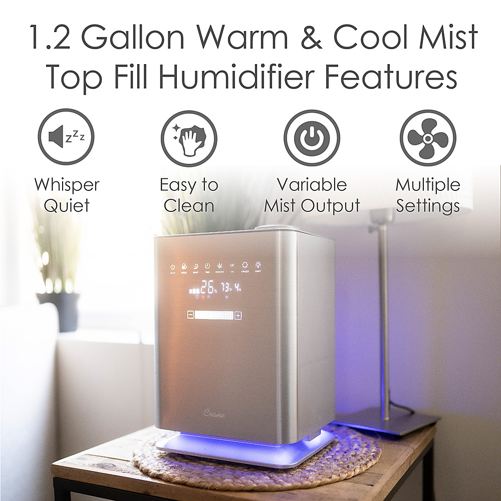 Back View: CRANE - 1.2 Gal. UV Light Warm & Cool Mist Humidifier with Remote - Gray