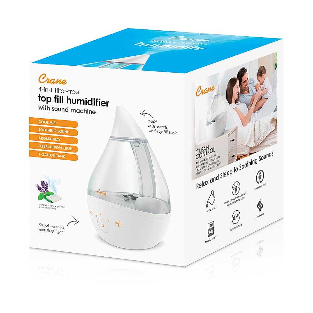 Alt View 13. CRANE - 1 Gal. Drop Cool Mist Humidifier with Sound Machine - Clear/White.