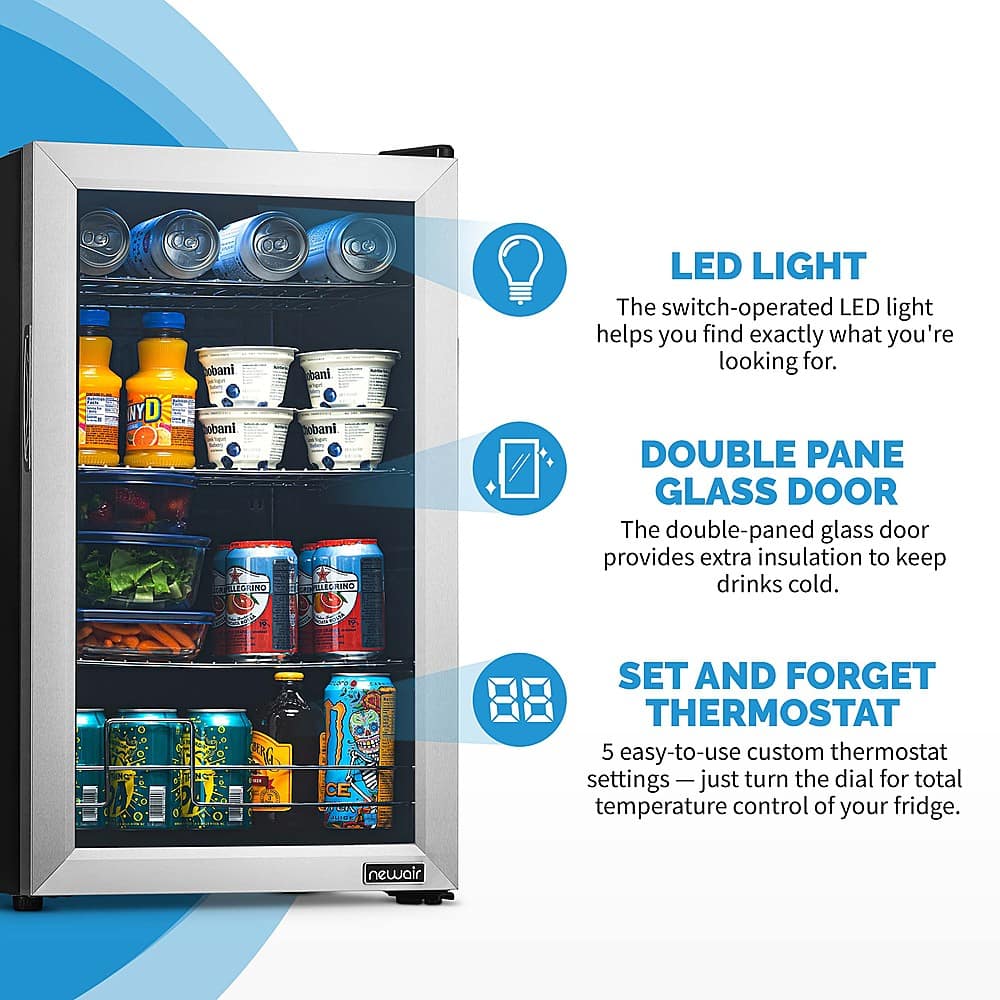 Alt View 13. NewAir - 100-Can Beverage Cooler with Reversible Glass Door, Removable Wire Shelves, Double Pane Glass Doors, LED Light - Stainless Steel.