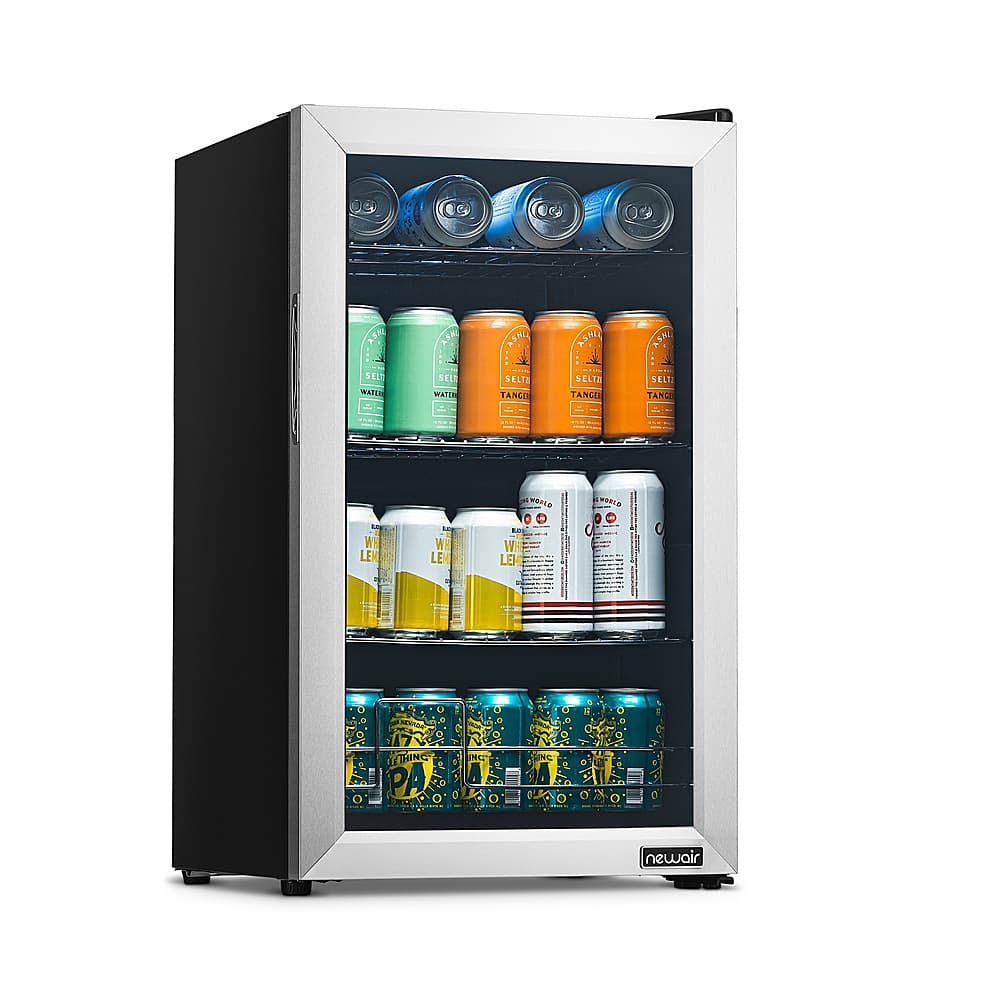 Left. NewAir - 100-Can Beverage Cooler with Reversible Glass Door, Removable Wire Shelves, Double Pane Glass Doors, LED Light - Stainless Steel.