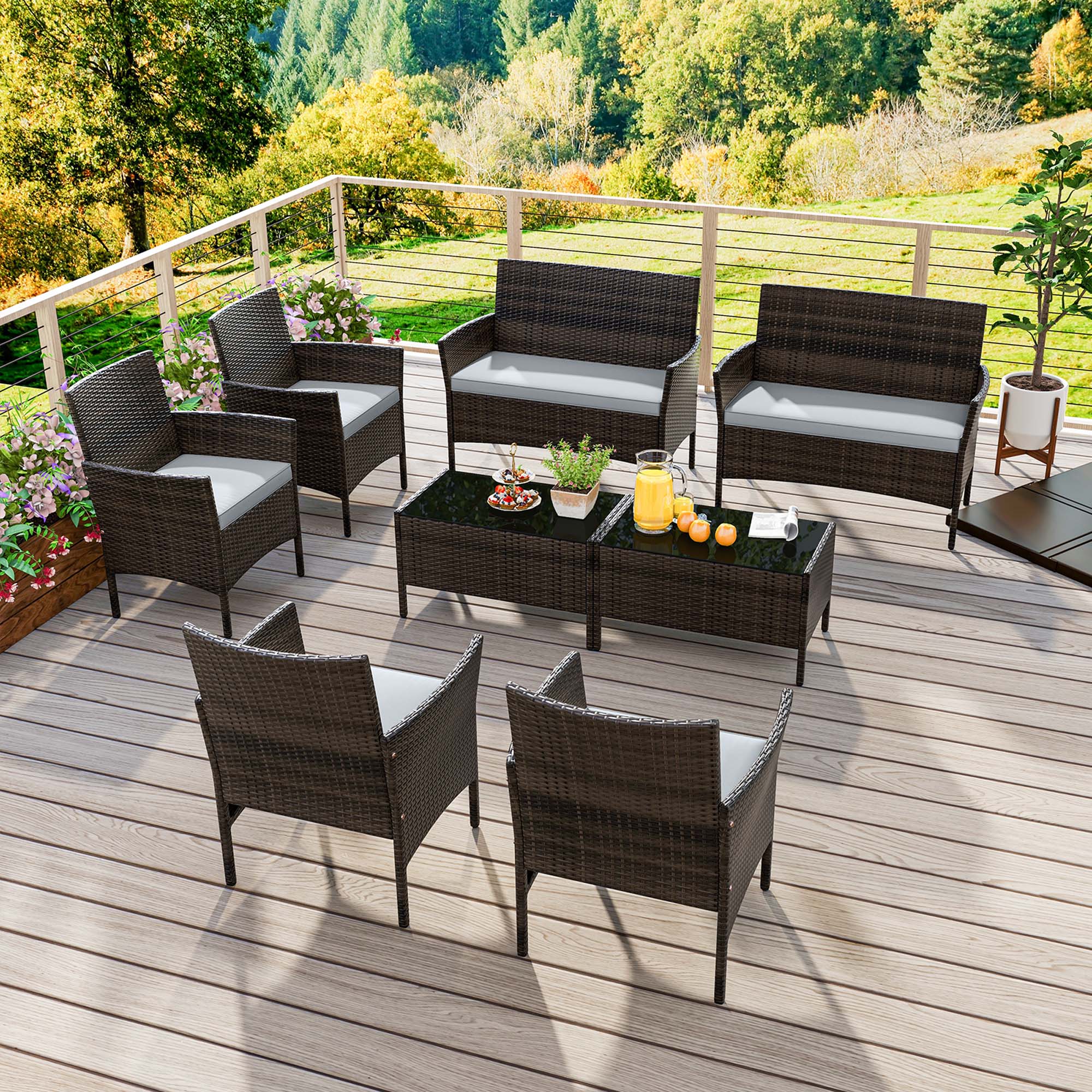 Alt View 3. Costway - 8 PCS Patio Furniture Set with Washable Cushions and Tempered Glass Coffee Table - Mix Brown + Grey.