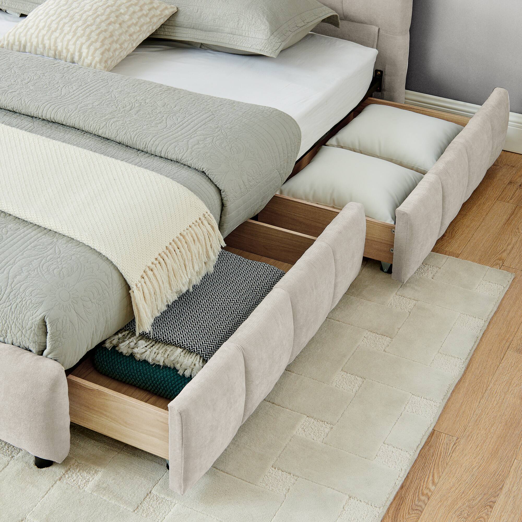Left. Anysun - King Chenille Upholstered Bed Frame with Headboard - Solid Construction & Storage Drawer. - Beige.