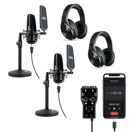 MOVO - iPhone Podcast Equipment Bundle for 2 with Mics, Headphones, Stands, Interface for iPhone 14 and below (Lightning)