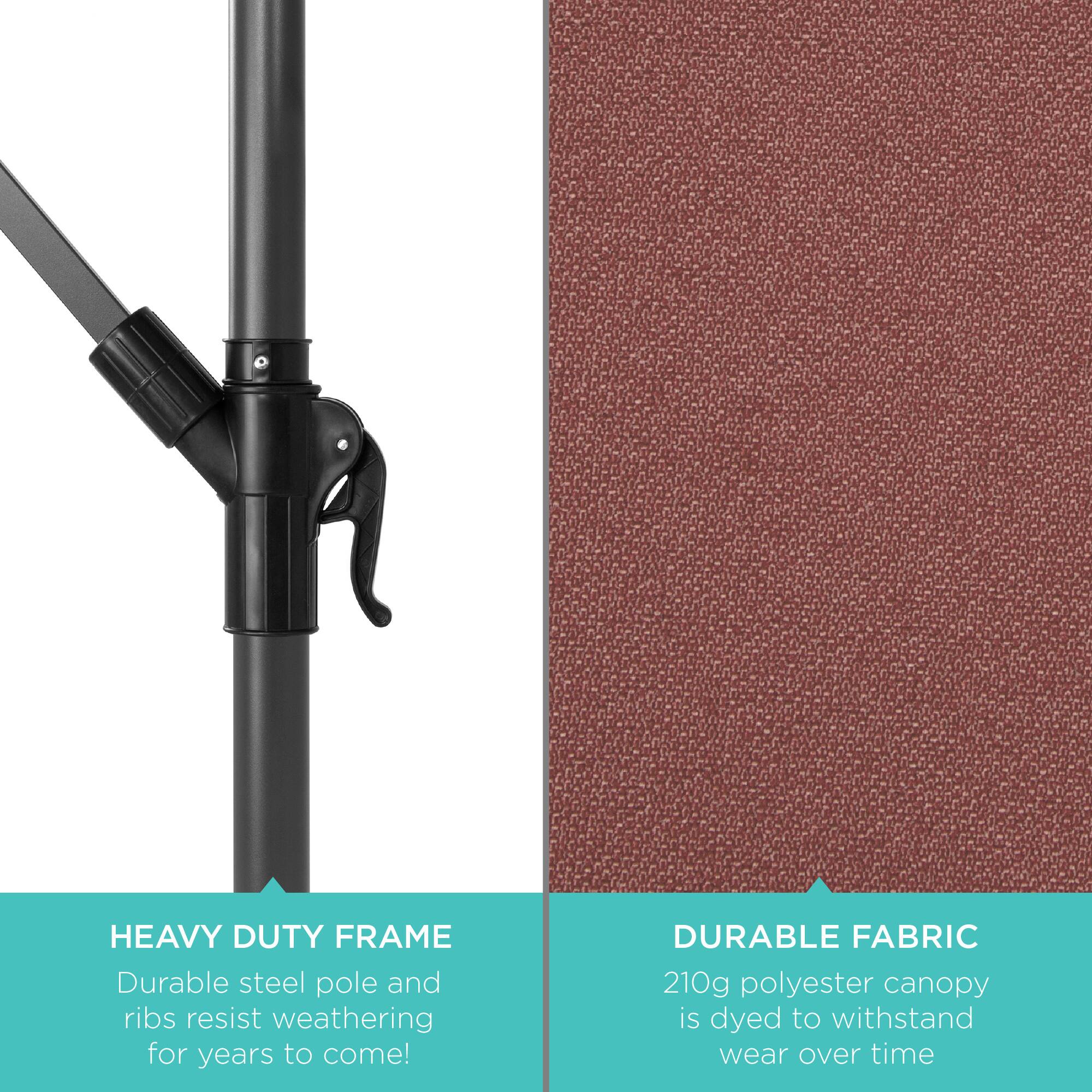 HEAVY DUTY FRAME  
Durable steel pole and ribs resist weathering for years to come!

DURABLE FABRIC  
210g polyester canopy is dyed to withstand wear over time