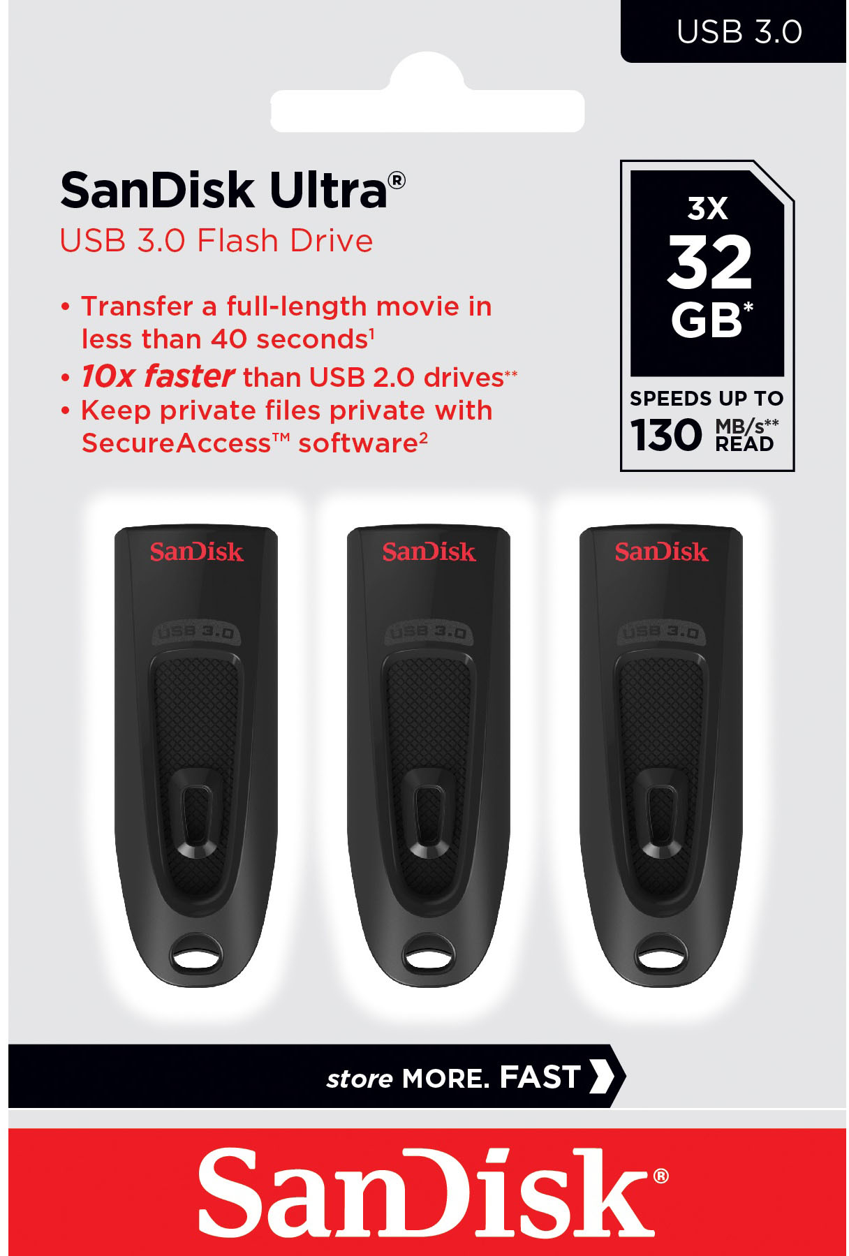 SanDisk 32GB 3-Pack Ultra USB 3.0 Flash Drive (3X32Gb) - SDCZ48-032G-GAM46T