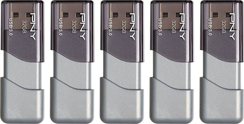 Front. PNY - Turbo Attaché 3 32GB USB 3.0 Type A Flash Drive, 5-Pack - Silver.