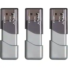 Front. PNY - Turbo Attaché 3 64GB USB 3.0 Type A Flash Drive, 3-Pack - Silver.