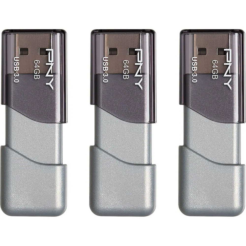 Front. PNY - Turbo Attaché 3 64GB USB 3.0 Type A Flash Drive, 3-Pack - Silver.