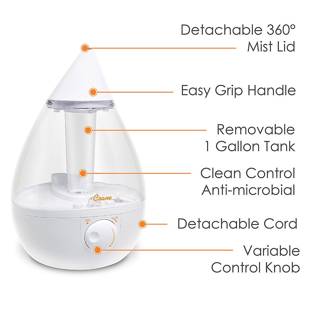Left View: CRANE - 1 Gal. Drop Ultrasonic Cool Mist Humidifier - Clear/White