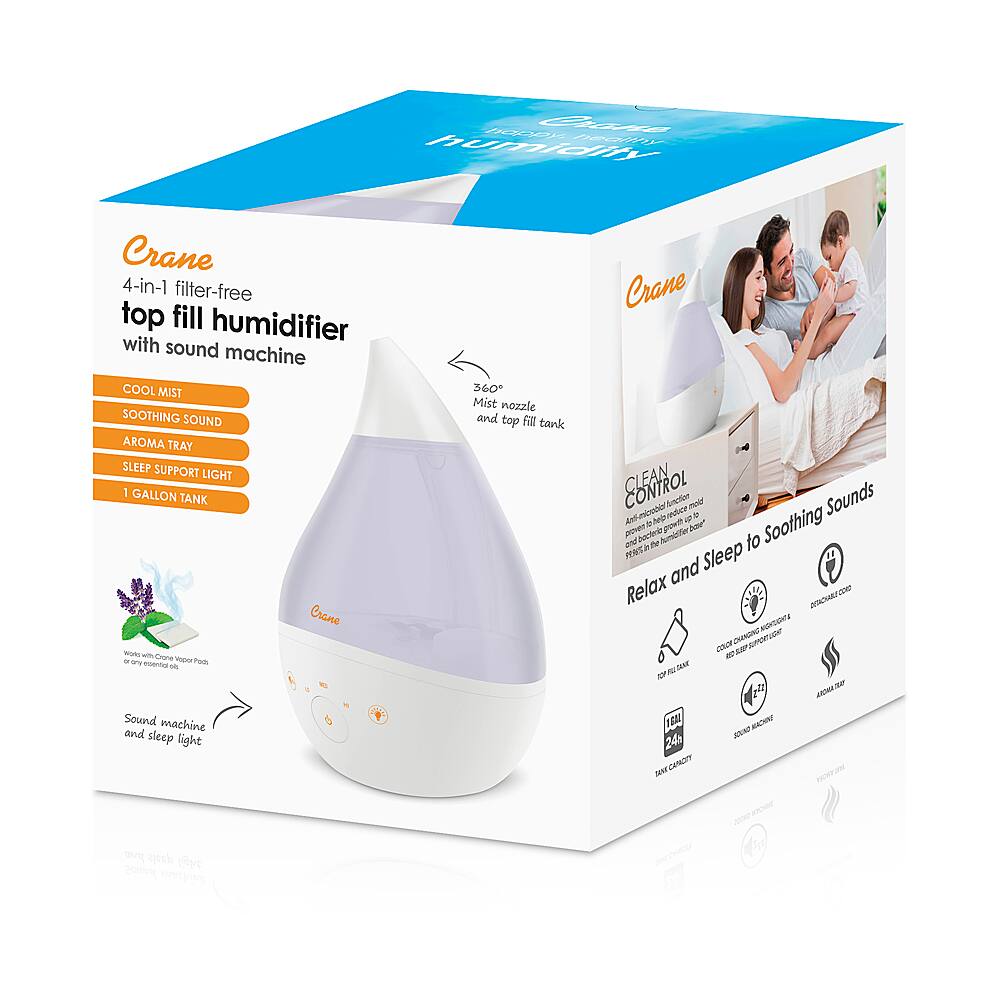 Alt View 13. CRANE - 1 Gal. Drop Cool Mist Humidifier with Sound Machine - White.