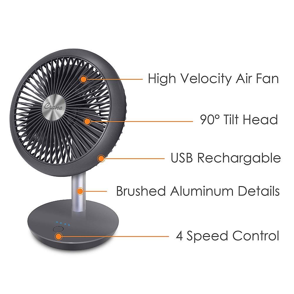 Angle View: CRANE - 7 in. Rechargeable Cordless Portable Desk Fan - Dark Grey