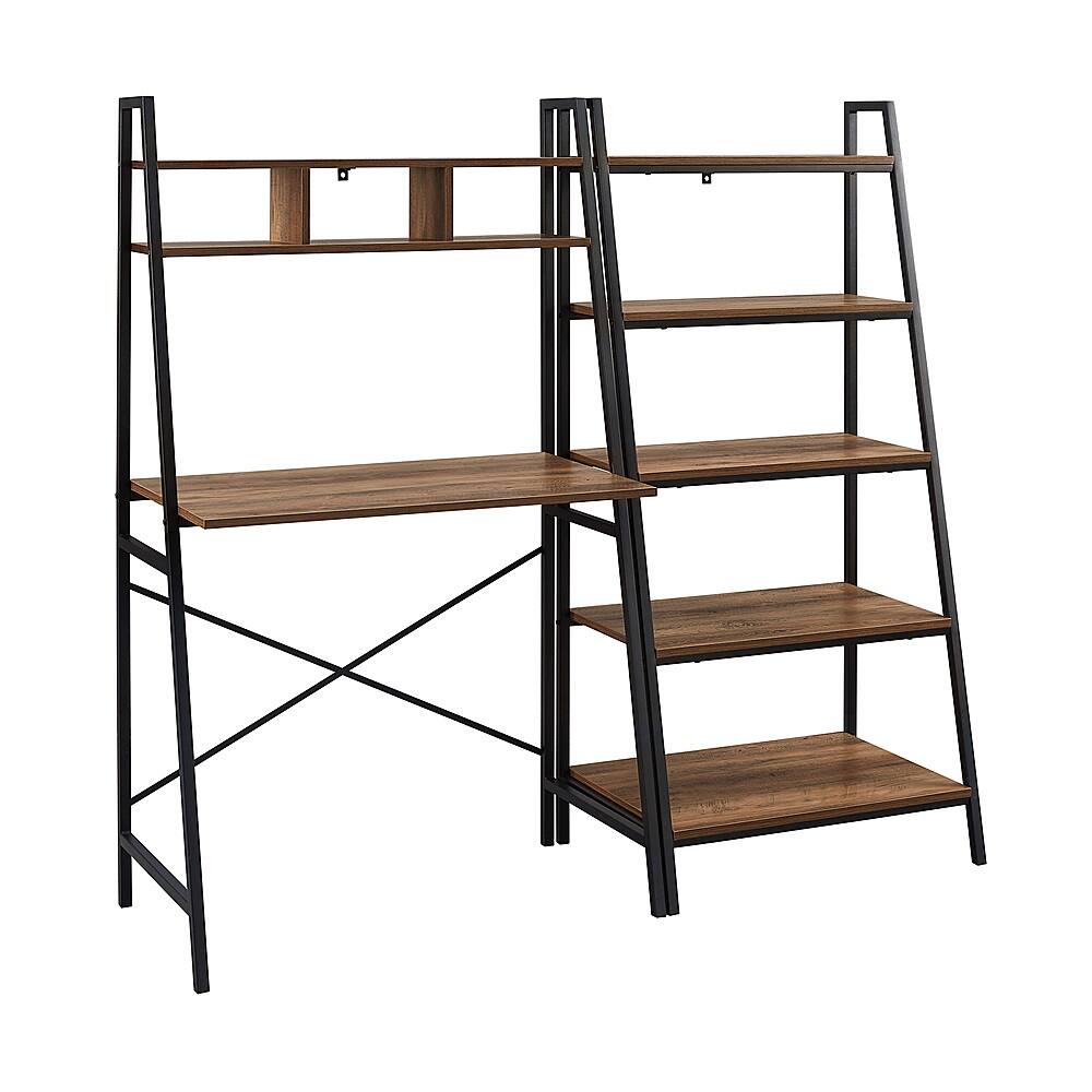 Left View: Walker Edison - Modern Industrial Desk with Bookshelf - Rustic Oak
