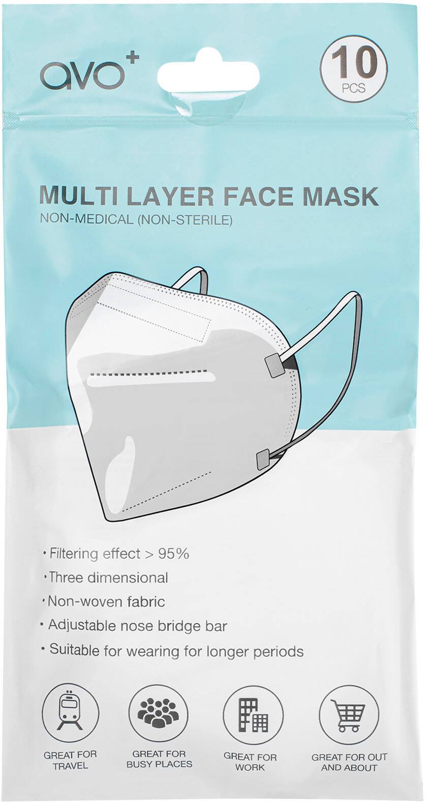 Front. STRAX - AVO+ KN95 Face Mask 10 Pack - White.
