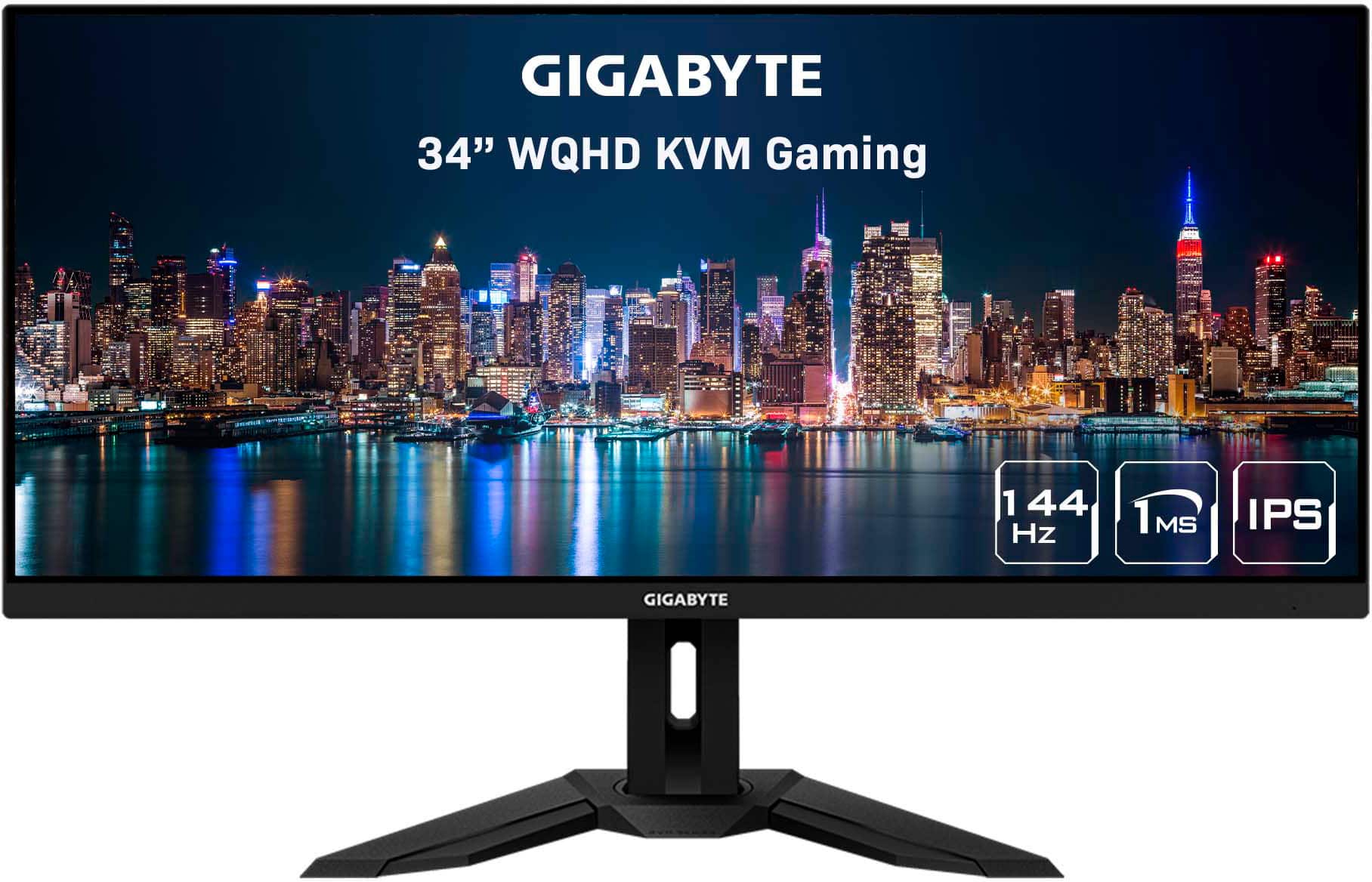 Front. GIGABYTE - M34WQ 34" LED WQHD FreeSync Premium IPS Gaming Monitor with HDR (HDMI, DisplayPort, USB) - Black.